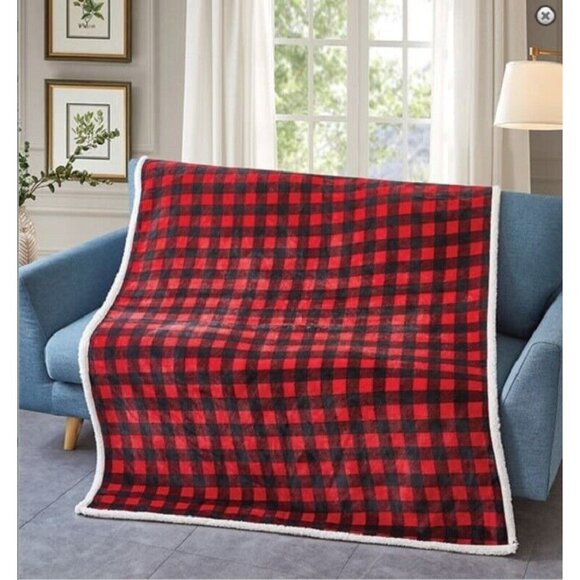 New Flannel Black and Red Plaid Sherpa Gift Plush Throw Blanket Home Decor Warm - Picture 1 of 2